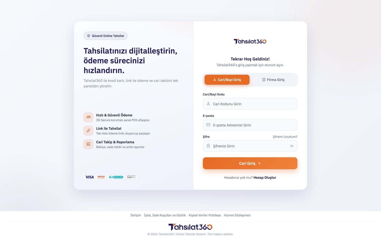 Tahsilat360 panel giriş ekranı: cari/bayi girişi ve firma girişi sekmeleri, e-posta, şifre ve şifremi unuttum bağlantısı